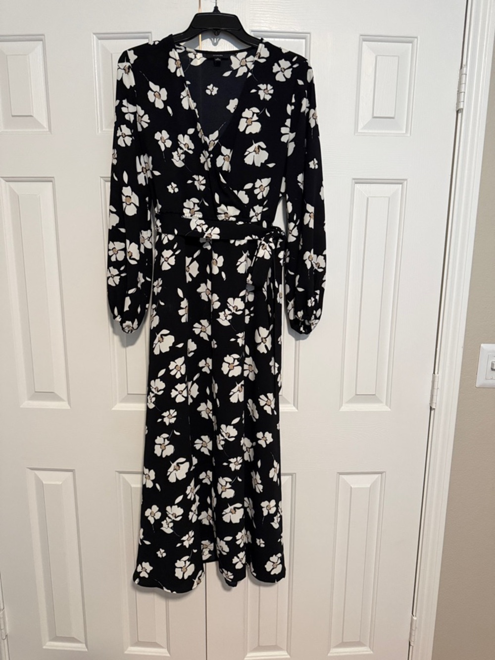 Alfani Black Maxi Faux Wrap Dress with White Floral Print. Slips on easily.